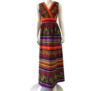 60s 70s Maxi Dress Size Bold Maximal Print Vintage Dress Size S